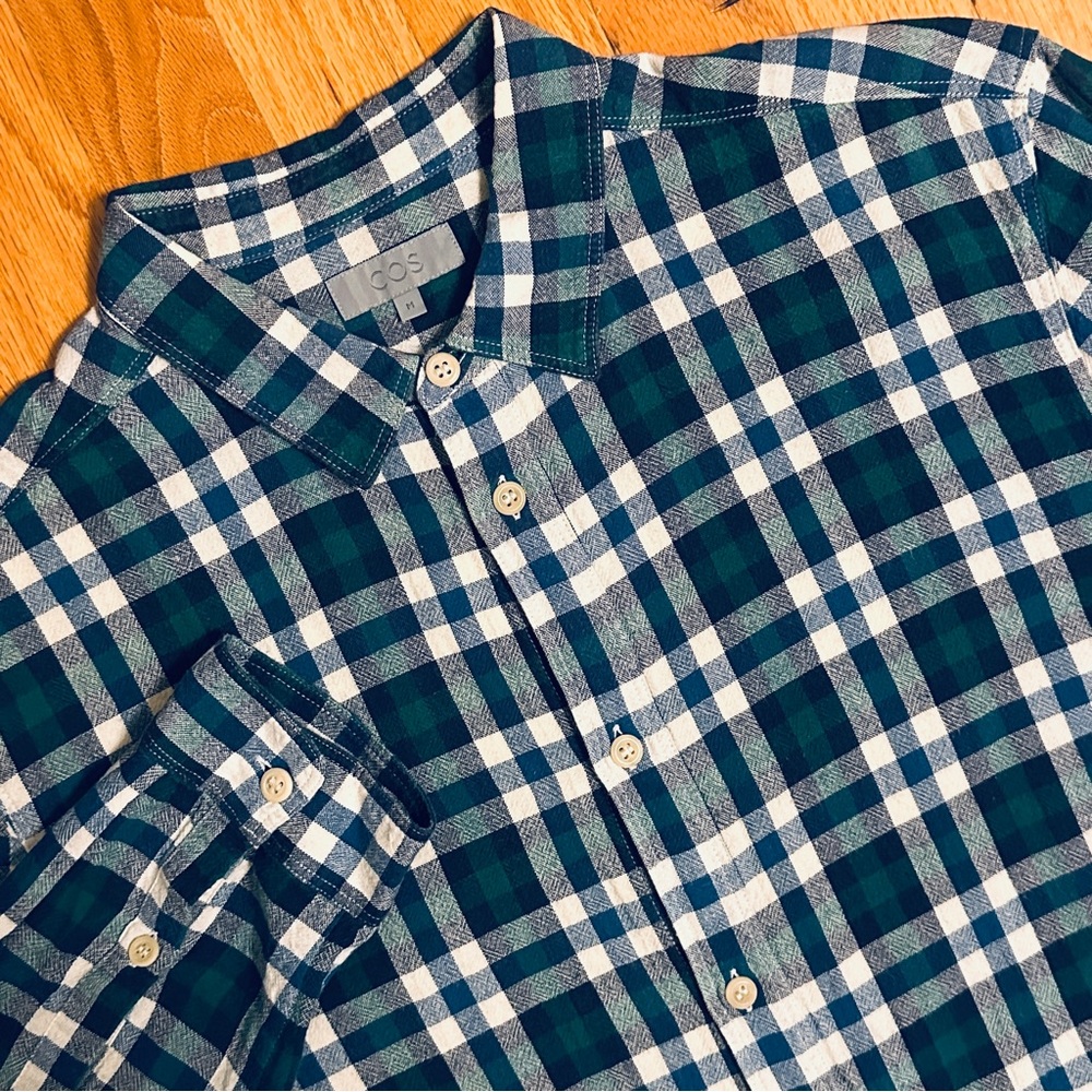 COS Mens Medium Blue Red Plaid Soft Drape Cotton Long Sleeve Button Down Shirt